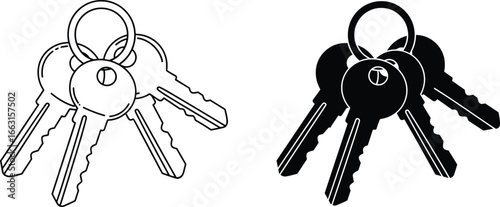 Key illustrations, outline and silhouette styles, keyring set, security icon, vector comparison, black and white, object design, access symbol