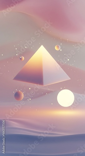 Surreal geometric landscape with pyramid and spheres against a soft pastel sky, evoking a dreamlike and abstract aesthetic