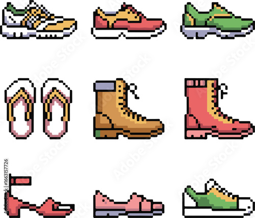 Hand-Drawn Footwear Pixel Icon Pack – Running Shoes, Dress Shoes, Flip-Flops, Hiking Boots, Ballet Flats, Sandals, Casual Sneakers