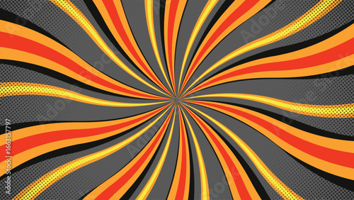 Dynamic pop art swirl background featuring orange yellow and black curved rays with retro halftone dots, ideal for posters, covers, wallpaper, banners, presentations and creative designs