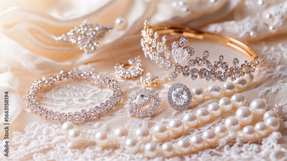 Fototapeta premium Elegant bridal jewelry set on soft lace and silk background. Beautiful accessories for wedding fashion and luxury.