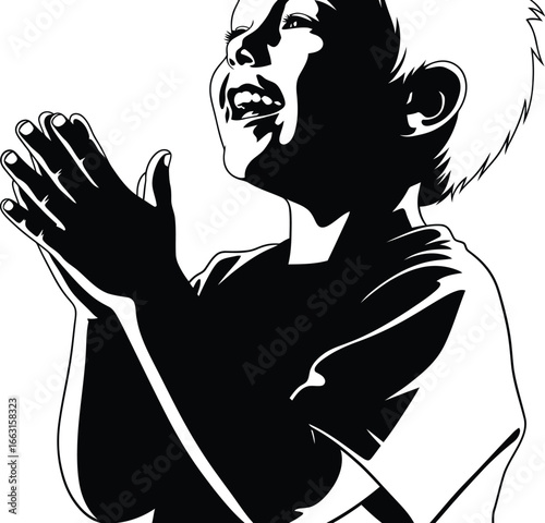Silhouette of a child praying with hope and faith, seeking divine guidance and protection through prayer, expressing innocence and trust in god