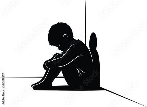 Silhouette of a sad child sitting in corner, conveying feelings of sadness, depression, and loneliness