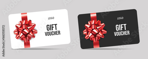 3d realistic gift cards with a ribbon bow. Gift Certificate Template, Sale Card, Birthday, Christmas