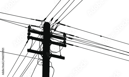 Silhouette of electric utility pole with multiple overhead power lines, black and white, electrical wires, energy transmission, rural power grid, network cables