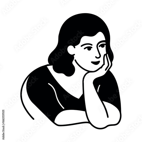 Female face resting chin on hand in deep thoughts Vector illustration
