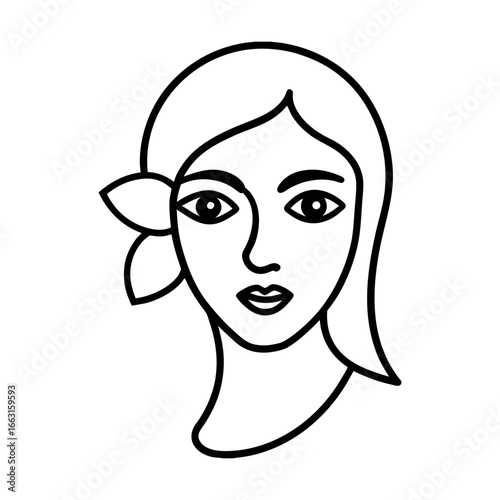 Female portrait turned with delicate single flower Vector illustration