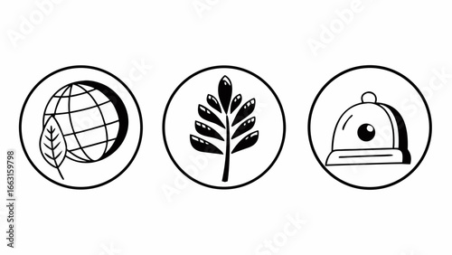 Illustration set with a globe and leaf, a leafy branch, and a covered dish inside of black outlined circles