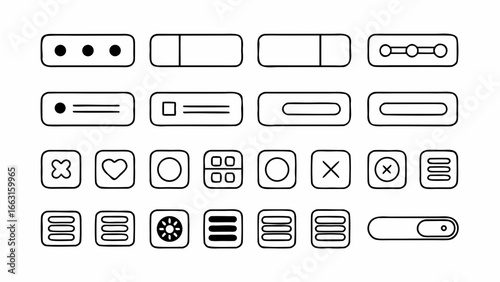 Illustration of a collection of user interface elements including buttons toggles and menu icons in outline style