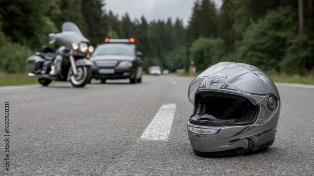 Fototapeta premium A car, helmet and motorcycle on the road, the concept of road accidents