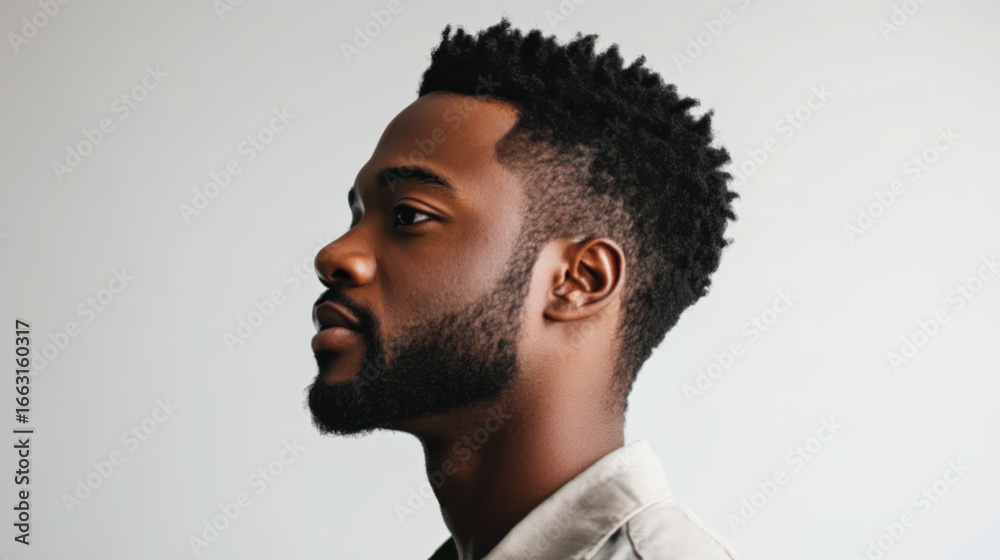 Obraz premium Portrait of an African American man with short hair and beard, side view, wearing a workwear, looking to the left on an isolated background