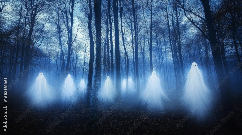 Obraz premium A haunted forest with mist rolling over the ground, and ghostly apparitions floating 