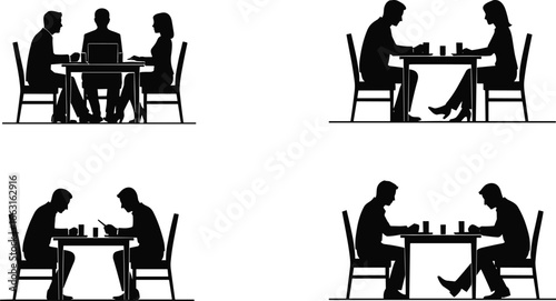 People silhouette set, table interaction vector, business meeting, social conversation, board game scene, black illustration, interpersonal activity icons