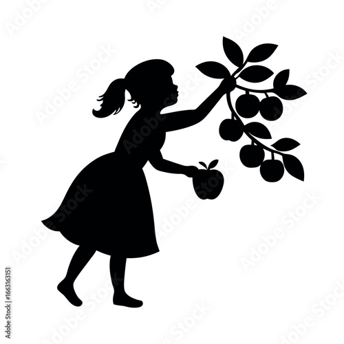Girl picking apples in orchard enjoying nature Vector illustration