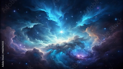 Vibrant cosmic nebula with glowing star and swirling clouds of blue and purple light