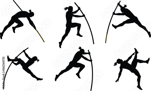 Pole vault silhouette sequence, athlete motion stages, sports action vector, track and field icon, coaching visual, dynamic movement, flat illustration