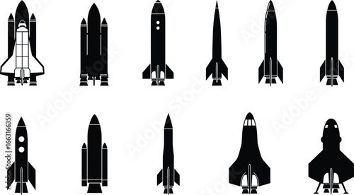 Rocket and space shuttle silhouettes, spacecraft vector icons, aerospace design, black shapes, STEM illustration, sci-fi graphics, launch vehicles