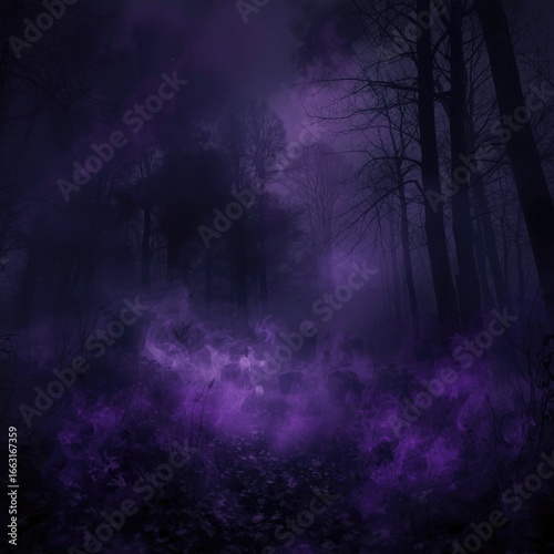 Dark spooky forest with purple fog and mist, mysterious night landscape with eerie atmosphere, creepy Halloween background with dense smoky haze and silhouette trees