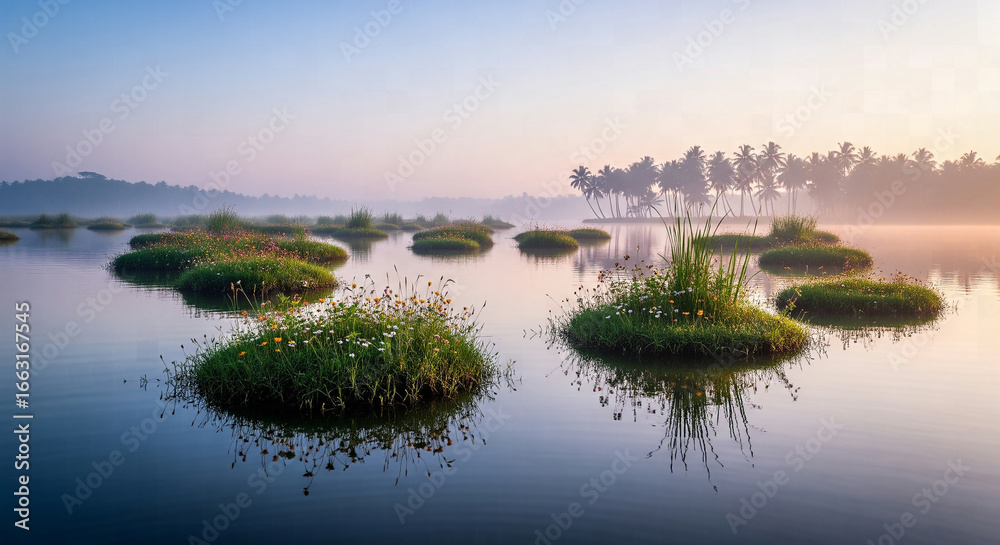 Fototapeta premium Tranquil morning mist over a lake with small islands of floating vegetation in India