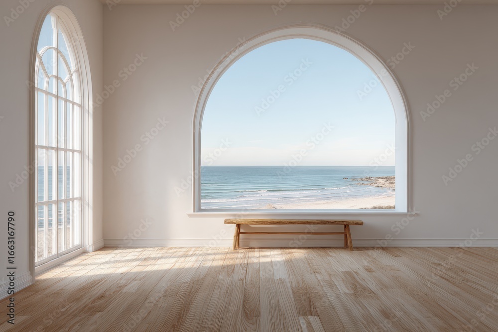 Fototapeta premium Bright, airy interior scene with large arched windows framing a beachside ocean view