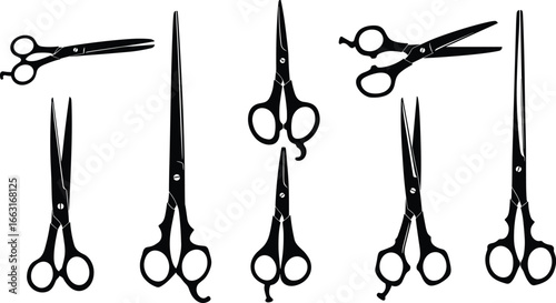 Scissors silhouette set, professional tools, cutting instruments, black vector, salon equipment, precision blades, hairdressing icons, tool illustration