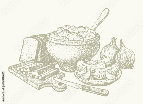 Vector still life. Traditional Slavic food: potatoes in a clay pot
