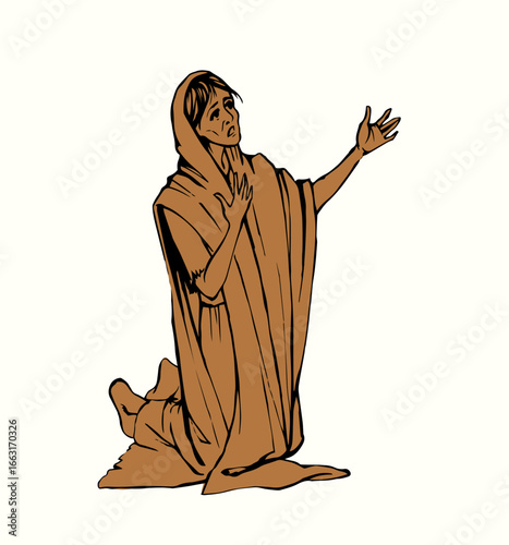 A starving woman asks for help. Vector drawing