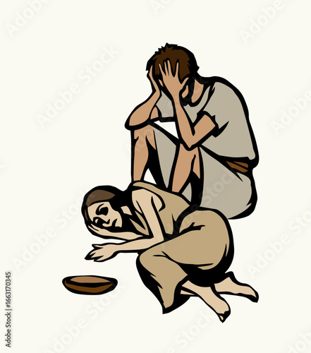 People suffering from hunger. Vector drawing