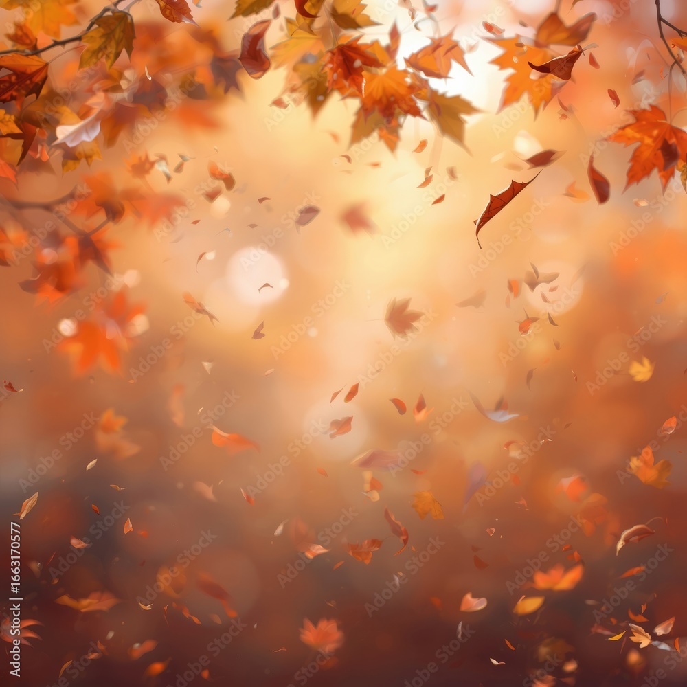 Fototapeta premium Falling autumn leaves with golden sunlight and warm bokeh background, seasonal orange and yellow foliage in soft blur, natural fall season texture for design and decoration