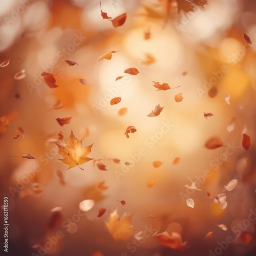 Falling autumn leaves with golden sunlight and warm bokeh background, seasonal orange and yellow foliage in soft blur, natural fall season texture for design and decoration