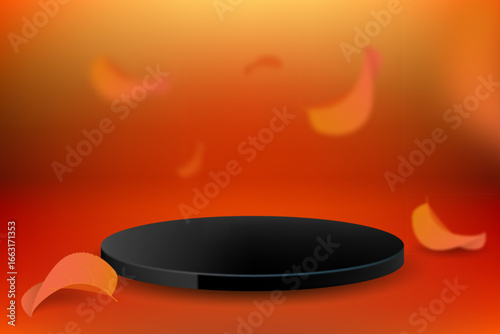 Abstract vector scene with black geometric shape and flying autumn leaves. Cylindrical podium on a orange fall background and red leaves. Product presentation. Layout, podium platform pedestal autumn