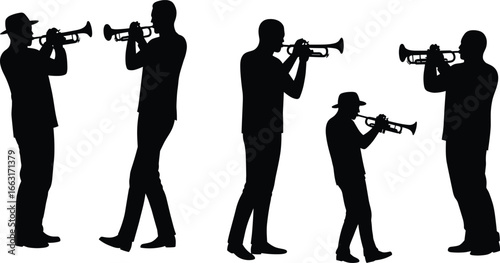 Trumpet player silhouettes, music performance vector, brass instrument icon, collaborative musicians, artistic graphic, ensemble illustration, black design, teaching pose