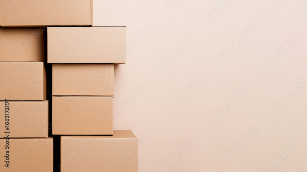 Obraz premium Stack of cardboard boxes against a plain beige background with empty space on the right. Concept of storage, moving, packaging, and shipping logistics.