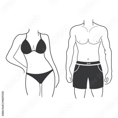 Bundle set isolated outline of ideal male and female body figures, slim and healthy, symbolizing health, fashion, underwear, swimsuit, anatomy, and lifestyle.