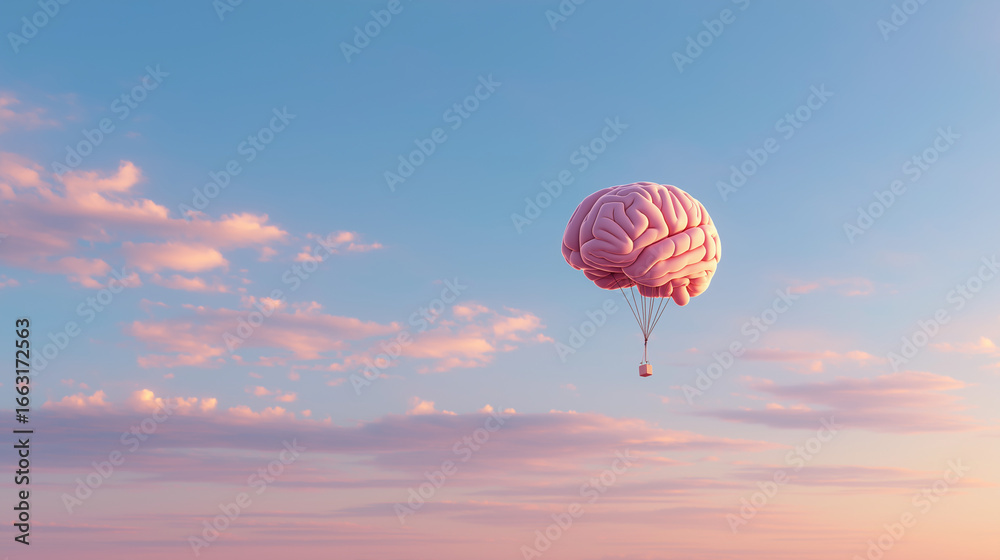 Obraz premium Brain shaped balloon in pink and blue clouds, perfect for mental health, creativity, innovation concepts in designs, social media posts, and presentations.