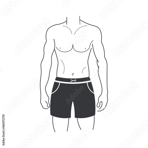 Isolated outline of ideal male body figure, muscular, slim, wearing shorts, representing fashion, health, fitness, clothing design, lifestyle, and anatomy concept.