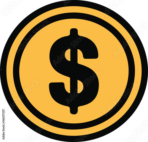A gold coin with a black dollar sign in the center and a black border around the coin edge