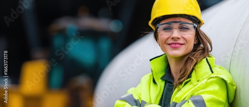 The confident woman in safety gear smiles at the construction site.
