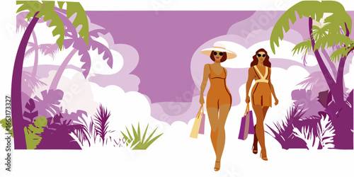 Fashionable women with shopping bags in a stylized tropical landscape
