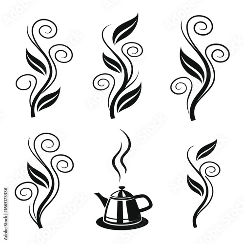Swirling floral elements and steaming teapot leaf plant