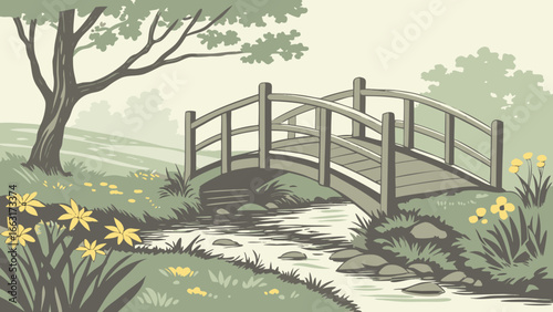 A scenic view of a wooden bridge over a stream with flowers and a tree in a peaceful landscape art