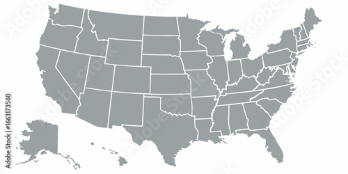 Gray United States map with state outlines and islands