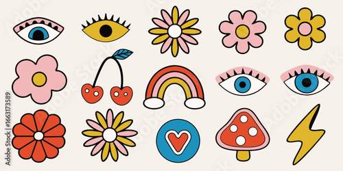 Groovy 70s inspired icons and symbols collection retro