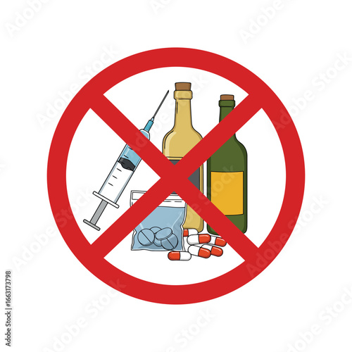 No drugs or alcohol sign, illegal substances, prohibited alcohol and narcotics vector illustration