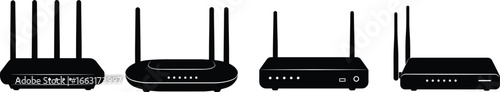 Wireless router silhouette set, network device vector, antenna configurations, internet hardware icons, black routers, tech illustration, Wi-Fi design