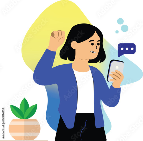 Woman Celebrating Good News on Smartphone Vector Illustration
