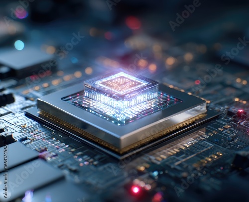 Futuristic processor glowing brightly on circuit board