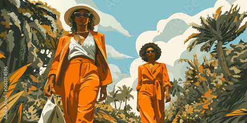 Two stylish women walking in an outdoor tropical setting