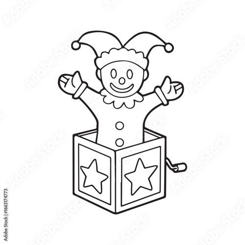 Jack-in-the-box classic toy line art. Cartoon clown jester popping out of a surprise box. Outline vector illustration for coloring book.

