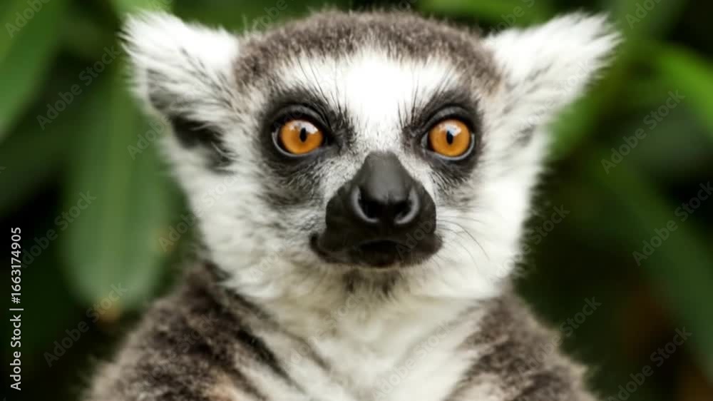 A lemur stares intently its large orange eyes contrasted against its black and white fur Foliage blurs in the background A lemur stares intently its large orange eyes contrasted against its black and white fur Foliage blurs in the background